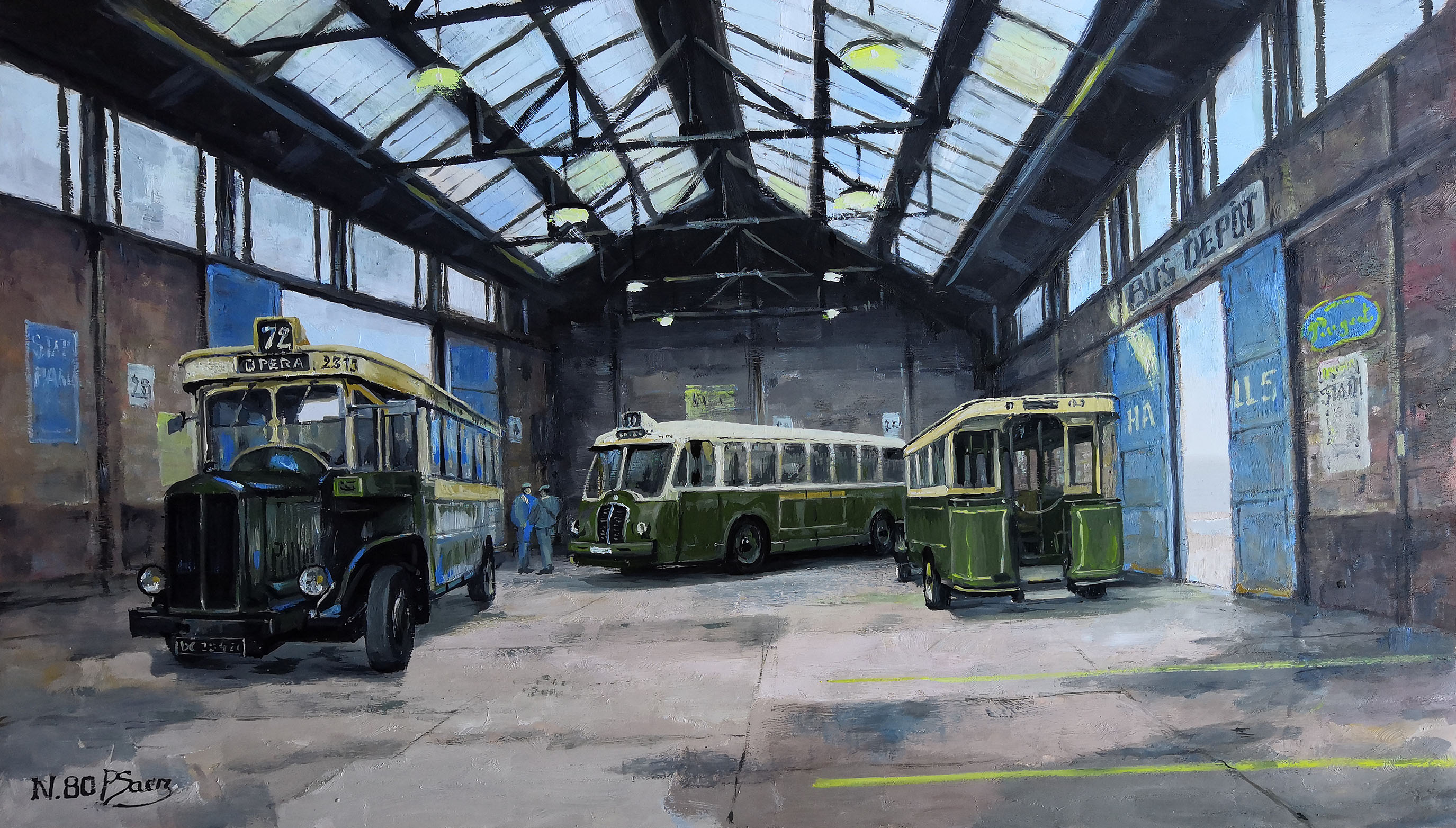 peinture à l'huile Les bus parisiens N.80 Le bus 72 Renault TN6 A de 1932 - bus 89 OP5 de 1955